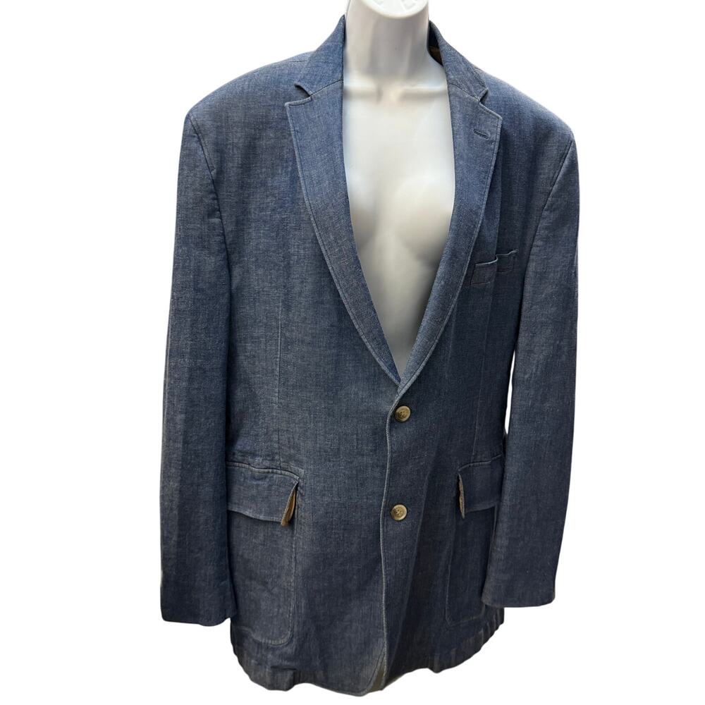 🧥 Norm Thompson 46L Blue Cotton Tencel Blazer Sport Coat Vintage Mens Coat Prep